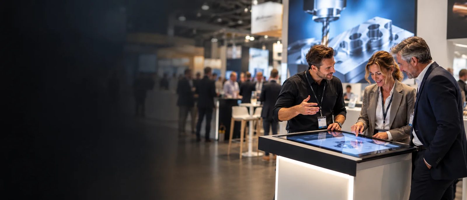 Messestand: Berater zeigt zwei Besuchern am digitalen Touchpoint-Tisch eine interaktive Präsentation