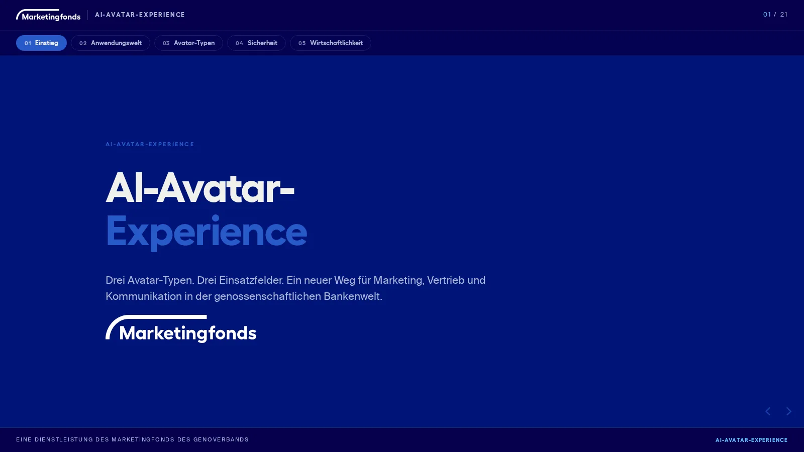 Digital PitchDeck AI-Avatar-Experience: Startfolie mit Kapitelnavigation