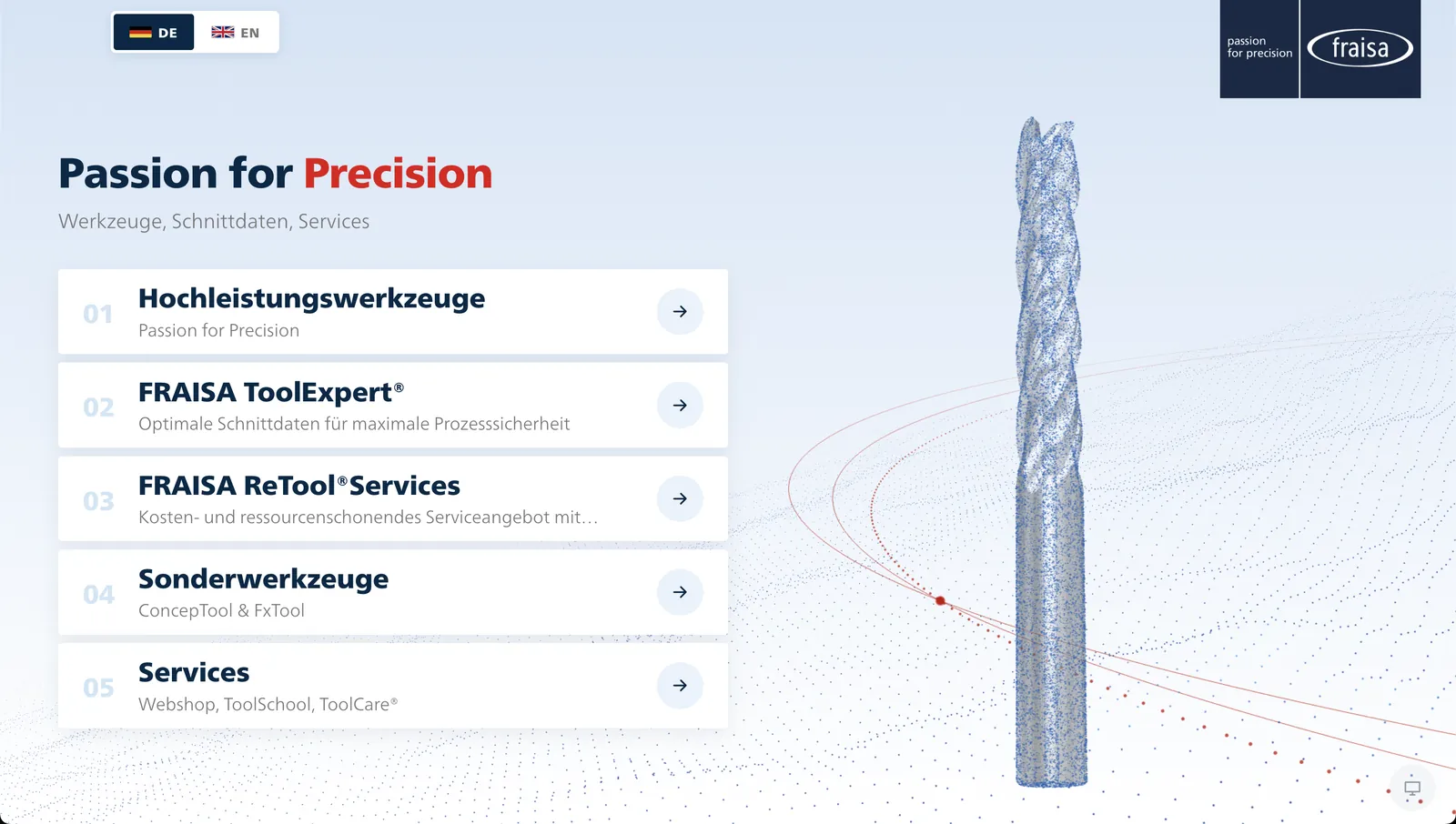 Digital PitchDeck von Fraisa: „Passion for Precision“ mit Kapitelübersicht